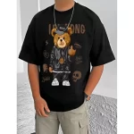 Men's Casual Cotton Blend Printed Round Neck Half Sleeve T-Shirt (Black)