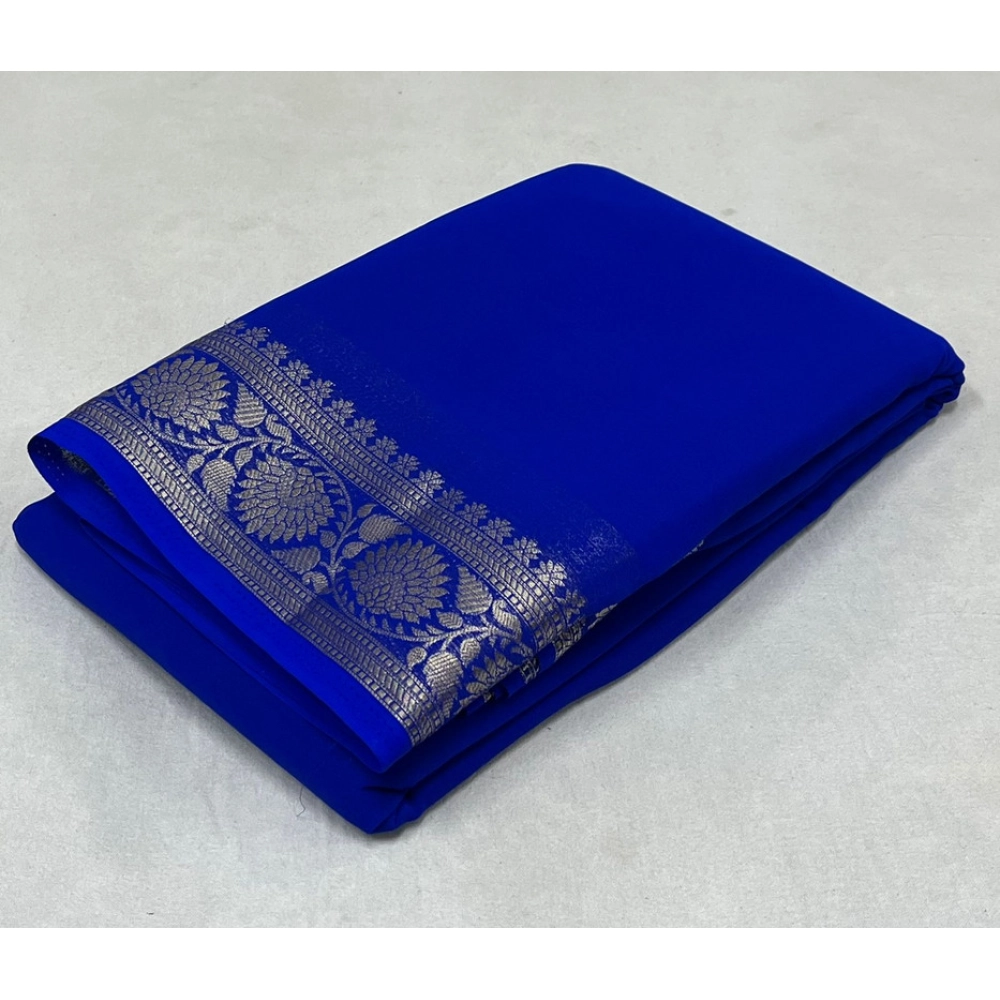 BSB98-SANW1012-Main-1000x1000-1.webp Women's Crepe Chit Pallu Solid Saree With Unstitched Blouse 5.5Mtr (Blue) - Image 1