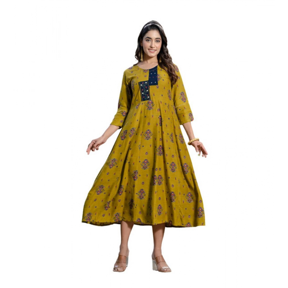 63077-1000x1000-1.webp Women's Rayon Print With Embroidery Work A-Line Kurti (Mehendi) - Image 1